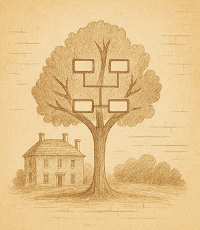 Family tree and historic house illustration